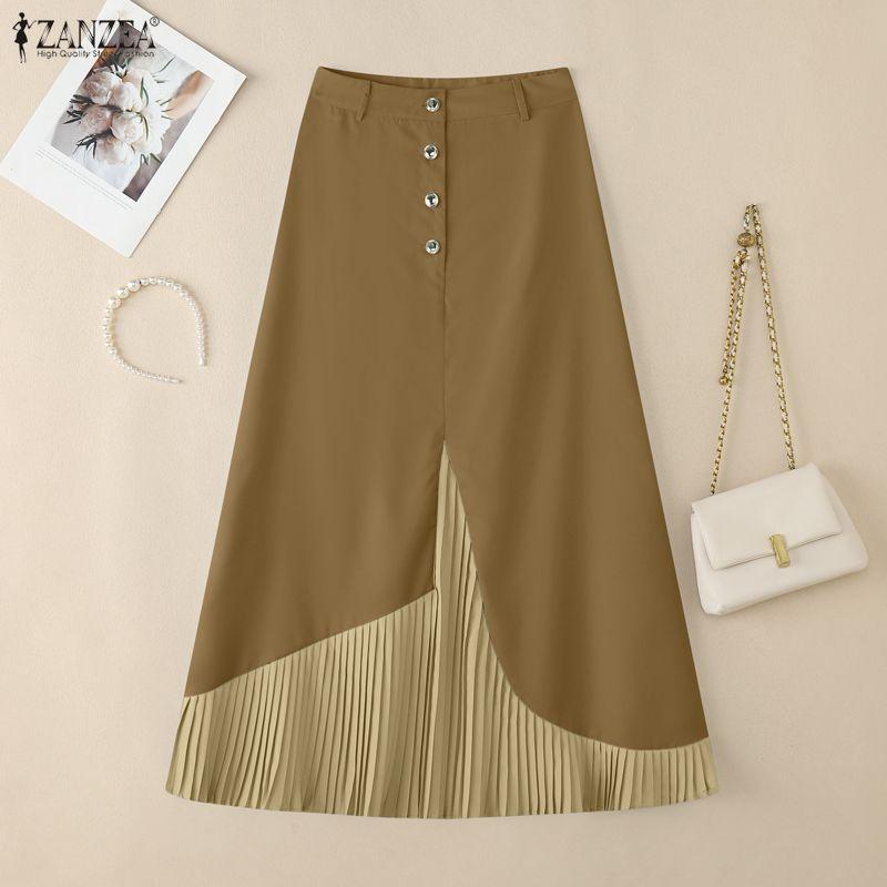 VONDA Women Casual Zip-up Waist Patchwork Pleating Loose A-line Long Skirts