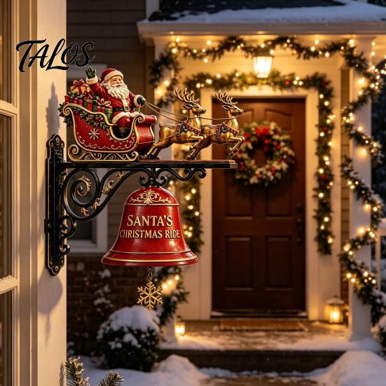 Outdoor Garden Entrance Accents Christmas Bell Wall Hanging Decoration, Santa Sleigh Reindeer Ornament, Large Decorative Anniversary Birthday