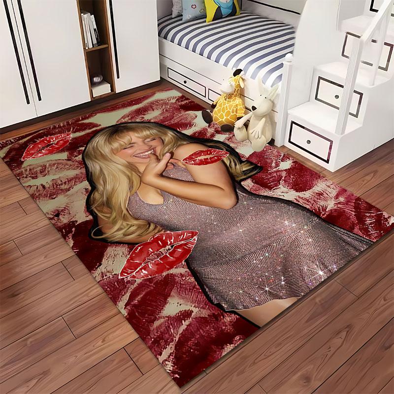 Blonde Glamour with Red Lips suitable as a non-slip mat for the living room or bedroom sofa