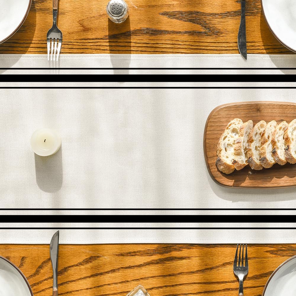 Artoid Mode Black Simple French Stripe Table Runner, Seasonal Spring Summer Kitchen Dining Table Decoration for Home Party Decor 13x72 Inch