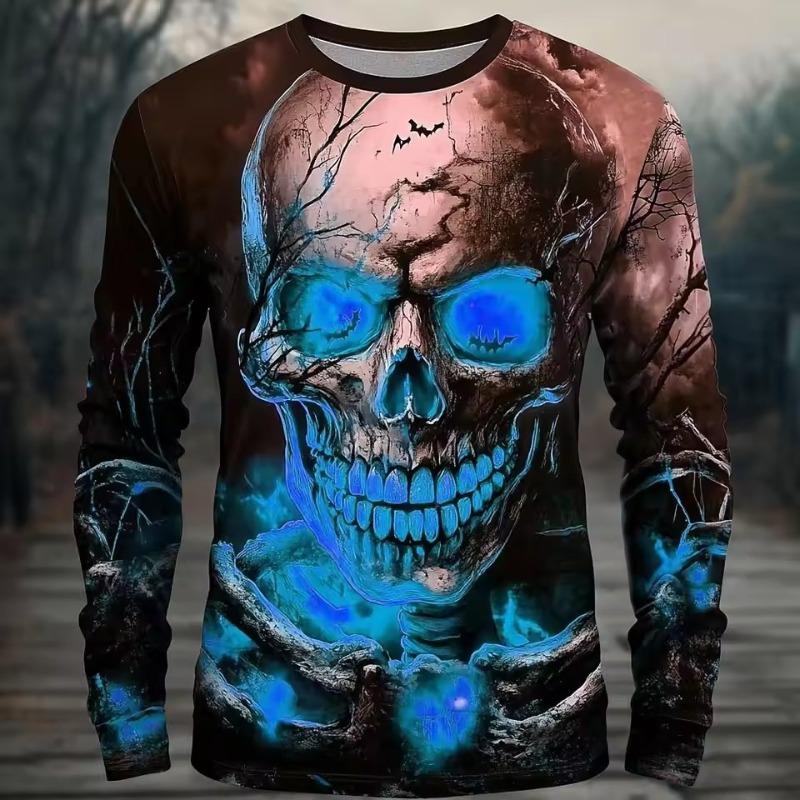 3D Terror Skull Print Men's Long Sleeve T-shirt Halloween Dress Up Street Hip Hop Y2k Clothes Fashion Fall Long Sleeve Tops Tees