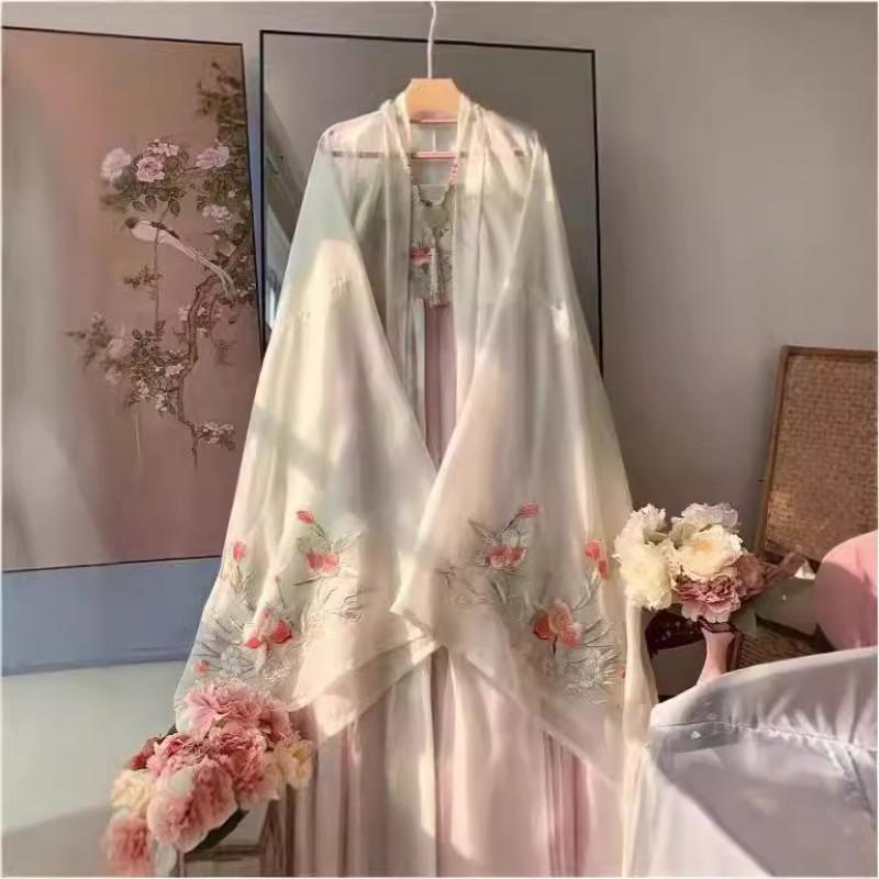 Womens Tang Dynasty Style Hanfu Set Embroidered Wide Sleeve Top High-Waisted Skirt Daily Wear Pink Blue