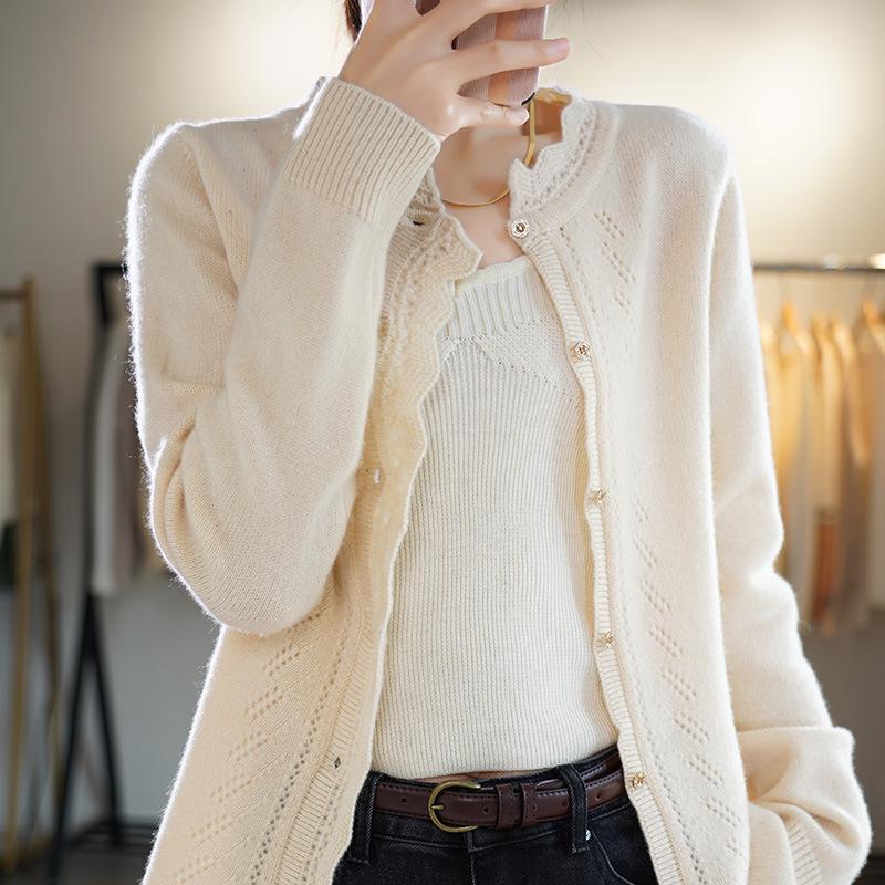 Women's Hollow Lace Wool Cardigan - Half-High Neck, Long Sleeve, Thick Autumn/Winter Style, Versatile, Fashionable Top