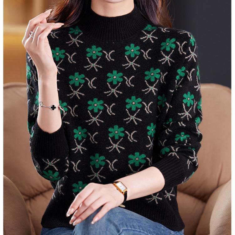 Jacquard Sweater Loose Half Turtleneck Knitted Sweater for Women In Autumn and Winter Fashionable and Casual Pullover