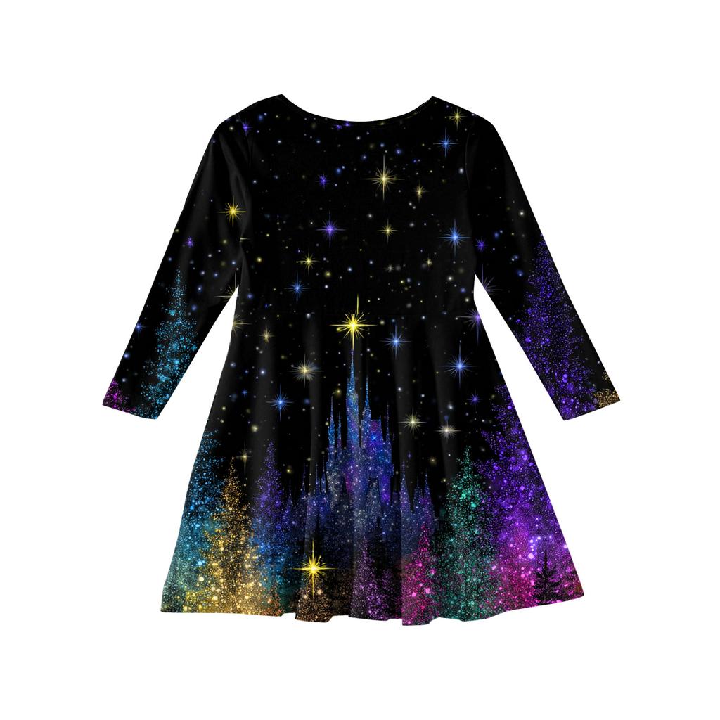 Dívčí princeznovské šaty - Tričkové šaty áčkového střihu s dlouhým rukávem na Štědrý den