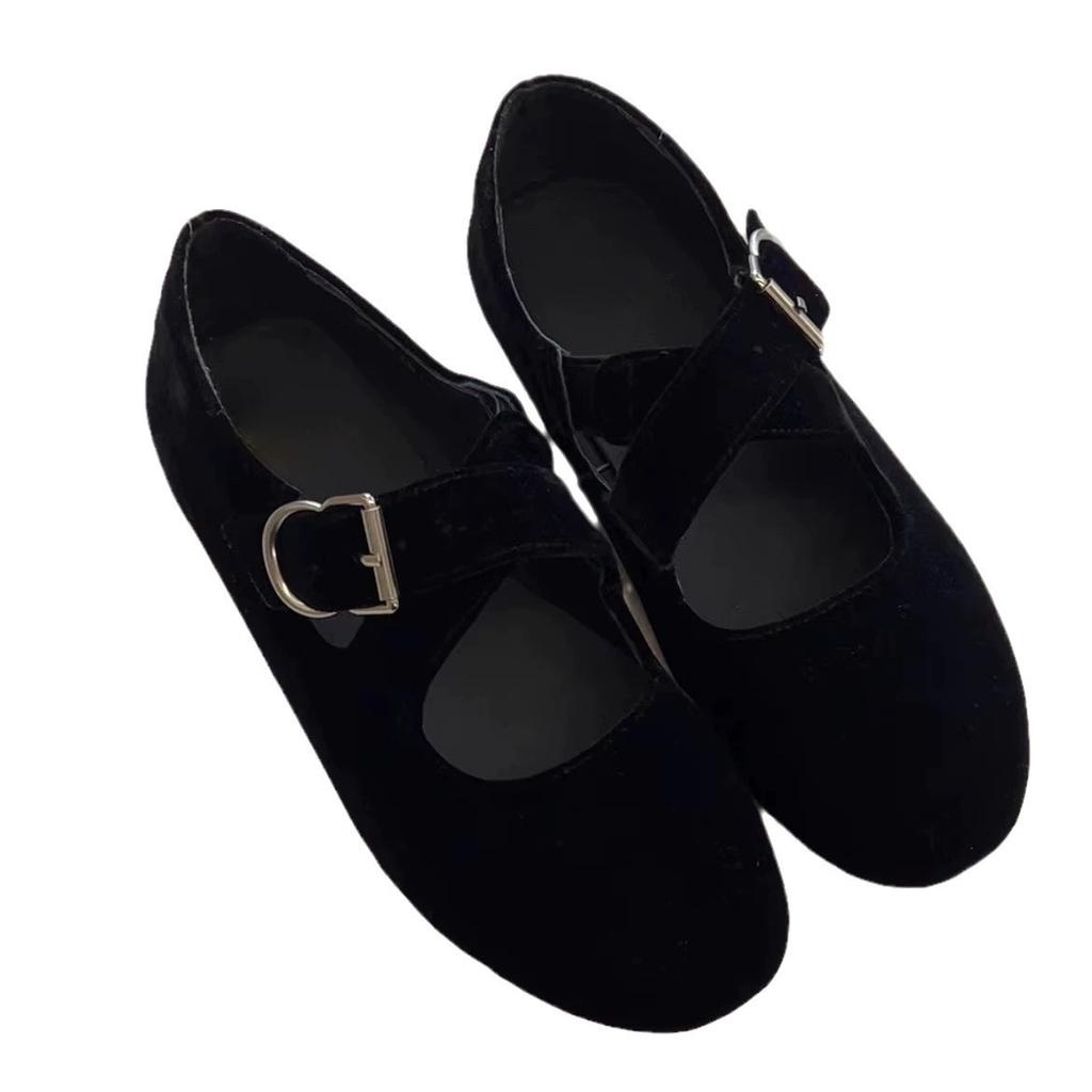 Leder Retro Wildleder Kreuzriemen Mary Jane Einzelne Schuhe Damen Frühling und Herbst Neu Vielseitig Runde Zehenpartie Flache Ballerinas