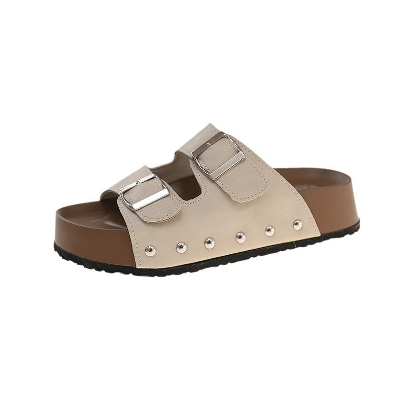

Ретро сандалии с пряжками на ремне женская верхняя одежда 2025 лето новая мода высокий класс толстая подошва универсальные два способа носки крутые тапочки 40 бежевый