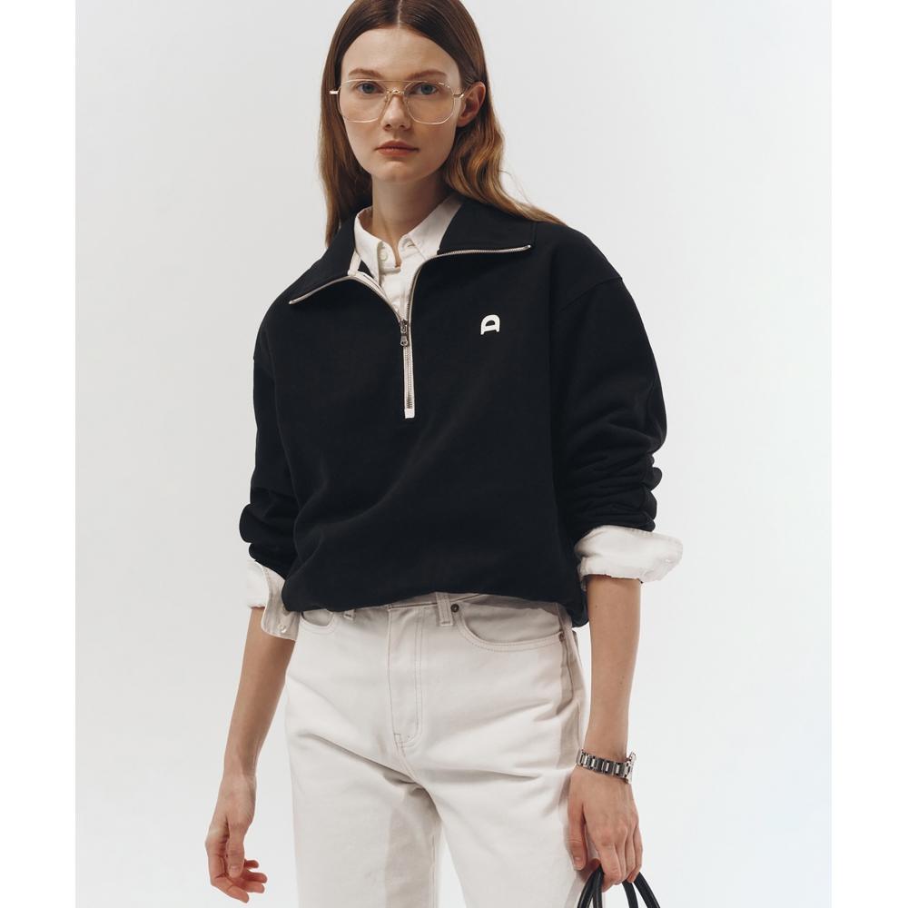 

DUNST FOR WOMEN UNISEX LEATHER LOGO HALF ZIPUP SWEATSHIRT BLACKUDTS3A107BK