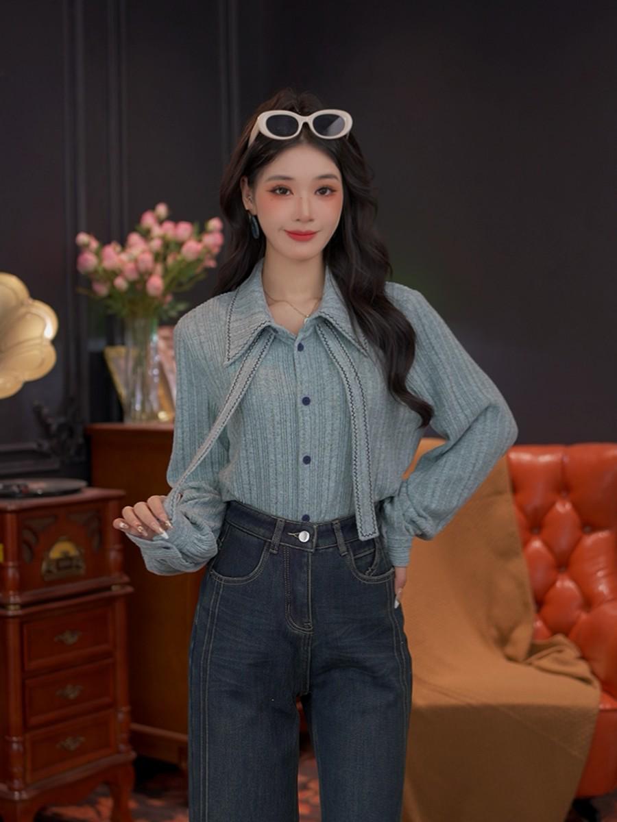 

Wan er Yue Ming 2025 Autumn Slimming Age-Reducing Top #G14626 Small синий