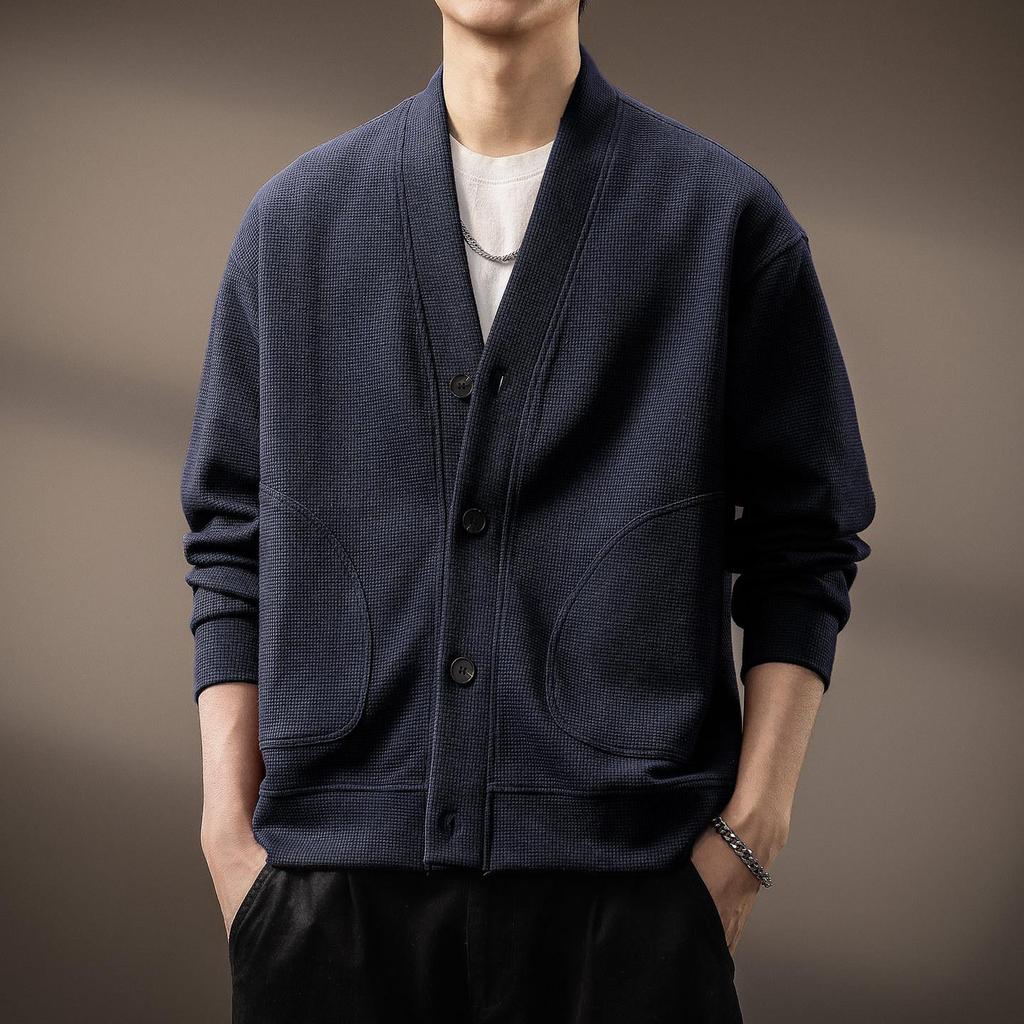 2025 Men's Japanese Retro Waffle Knit Hoodie - Winter Casual Fashion Long Sleeve Jacket