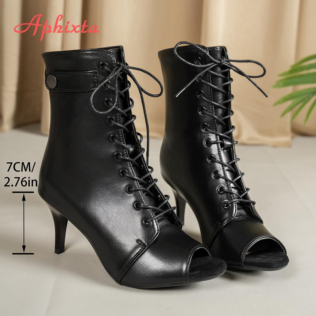 Fashion Aphixta Narrow Band Dec Women Peep Toe Ankle Boots 7cm High Heels Sexy Woman Shoes Lace Up Back Zipper Sandals Boot Ladies Shoes
