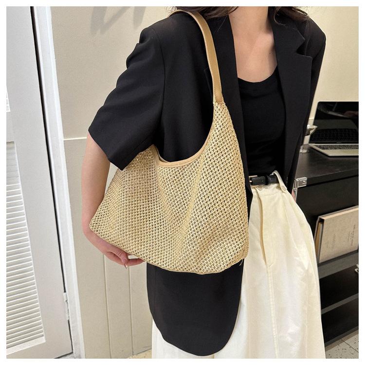 Women's Retro Woven Tote Bag Large Capacity Shoulder Underarm Bag Summer Beach Handbag