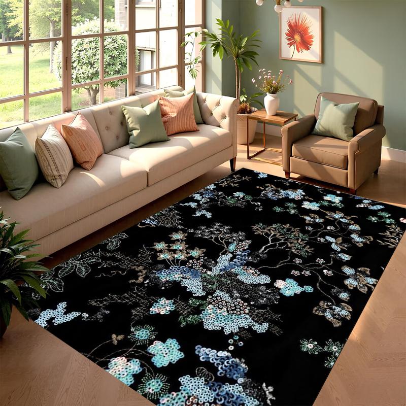 Elegant Floral Area Rug Dark Non-Slip Floor Mat with Retro Floral Pattern Boho Style Home Decor Washable Carpet for Entryway