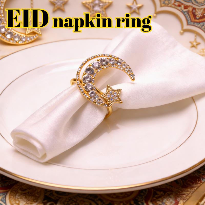 1-30PCS Ramadan Napkin Ring Set Gold Star Moon Design Alloy Crystal Metal Hollow For Holiday Tableware Durable Holder