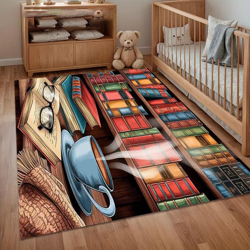Area Rug Carpet Non Slip Retro Bookshelf Coffee Cup Floor Mat for Nursery Bedroom Living Room Kids Room Home Decor Dorm Gift