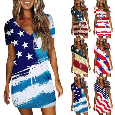 Damen Sommer Casual Fashion Independence Day Bedrucktes Kleid mit Kordelzug und V-Ausschnitt und kurzen Ärmeln
