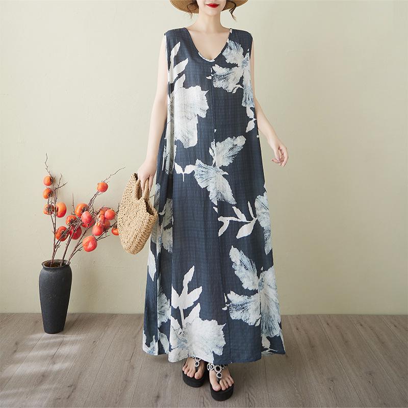 2025 Summer Sleeveless Cotton Linen V-neck Korean-Style Long Loose-Fit Nightgown Large Size