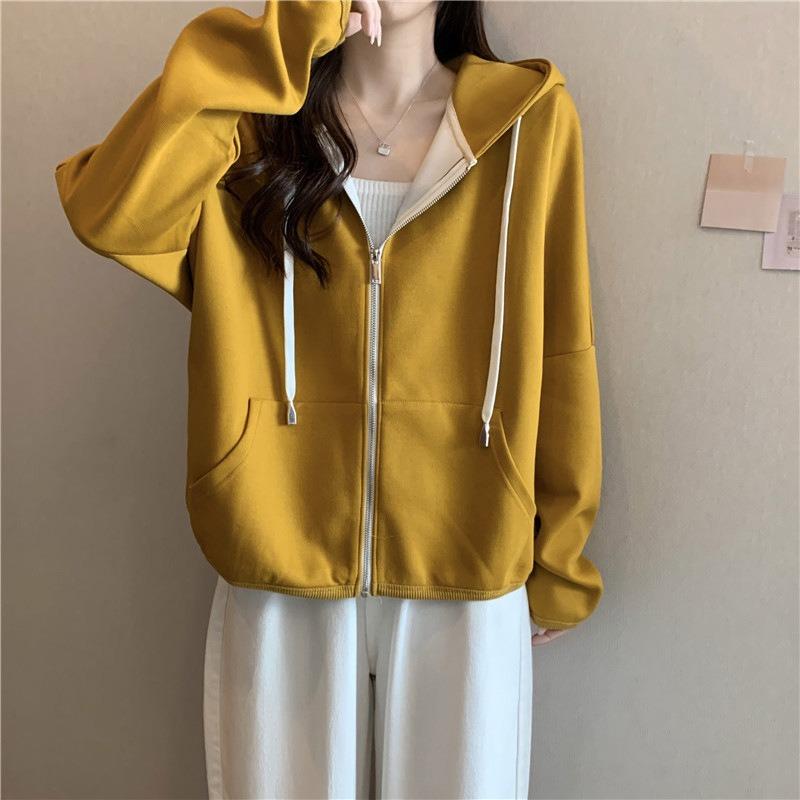 Real sweater women's thin long-sleeved loose top hooded cardigan zipper jacket