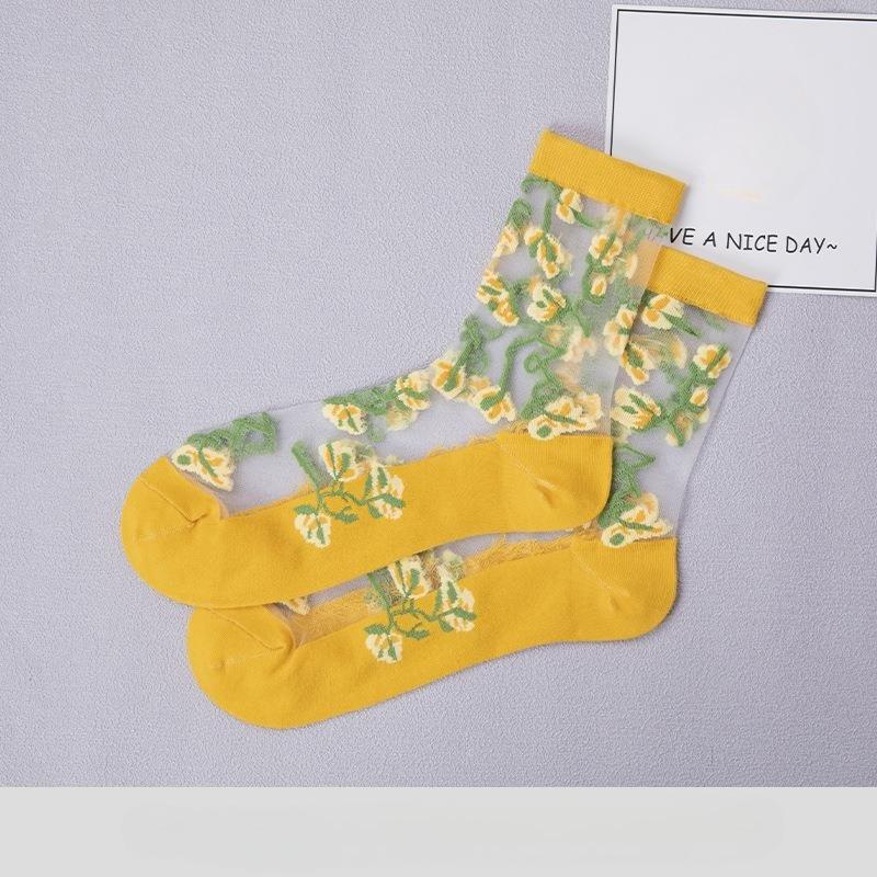 Summer Women Socks Ultra-thin Transparent Crystal Silk Socks Women Cartoon Print Japanese Kawaii Cute Funny Elastic Long Socks
