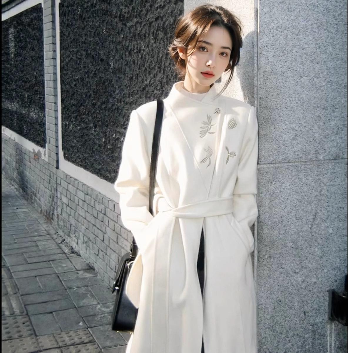 

Autumn and winter high-end double-sided cashmere coat femininity embroidered medium and long woolen coat S 90-60 kg білий