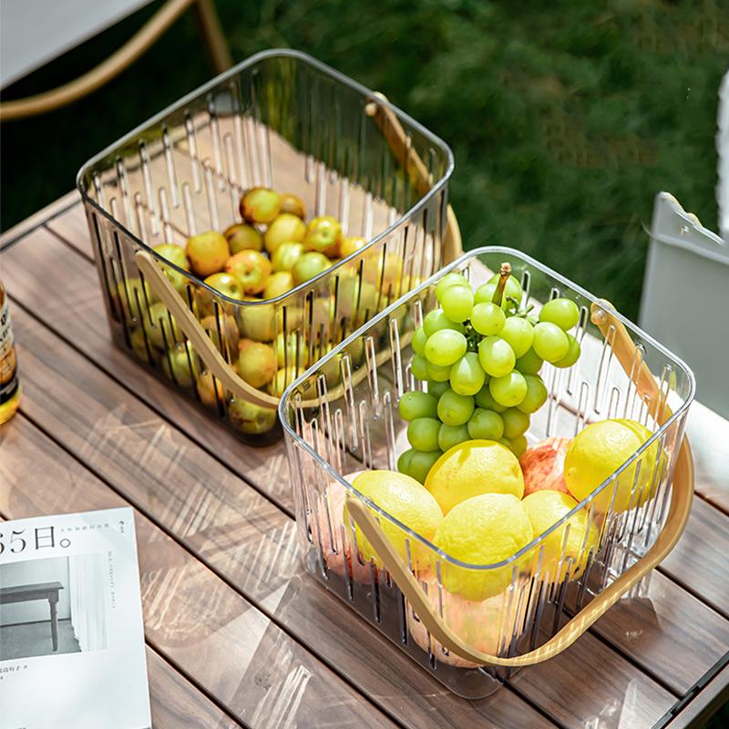 Lightweight Transparent Carry Basket Stylish Plastic Storage Bin With Wooden Handle For Kitchen Bathroom And Outdoor Activities