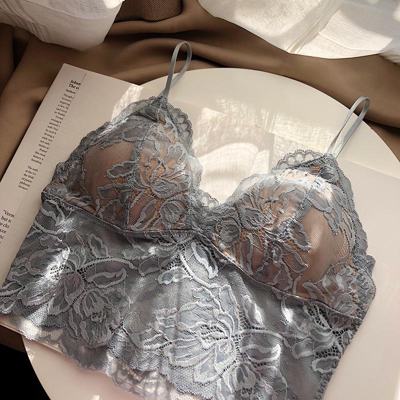 Lace Wire-Free Triangle Cup Bra & Panty Set with Strappy Design and Chest Pads for Small Busts