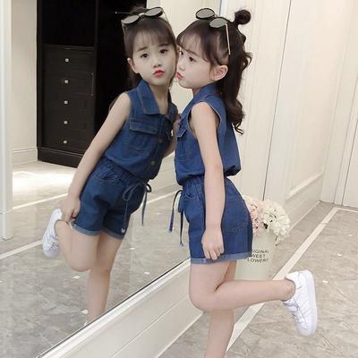 Mädchen Denim Anzug Sommerkleidung Western Stil Mode Kinderbekleidung Modische Elastische Taille Denim Shorts Dünner Ärmelloser Zweiteiler
