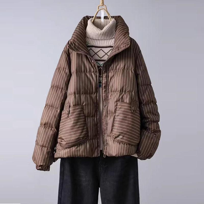 Retro striped down jacket women's 2024 winter literary thickened stand-up collar small white duck down bread jacket tide