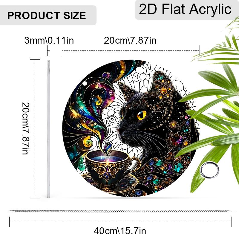 Acrylic Cosmic Black Cat with Magical Teacup Suncatcher, Stained Glass Effect Window Hanging Ornament for Mystical Cat Lover Gifts