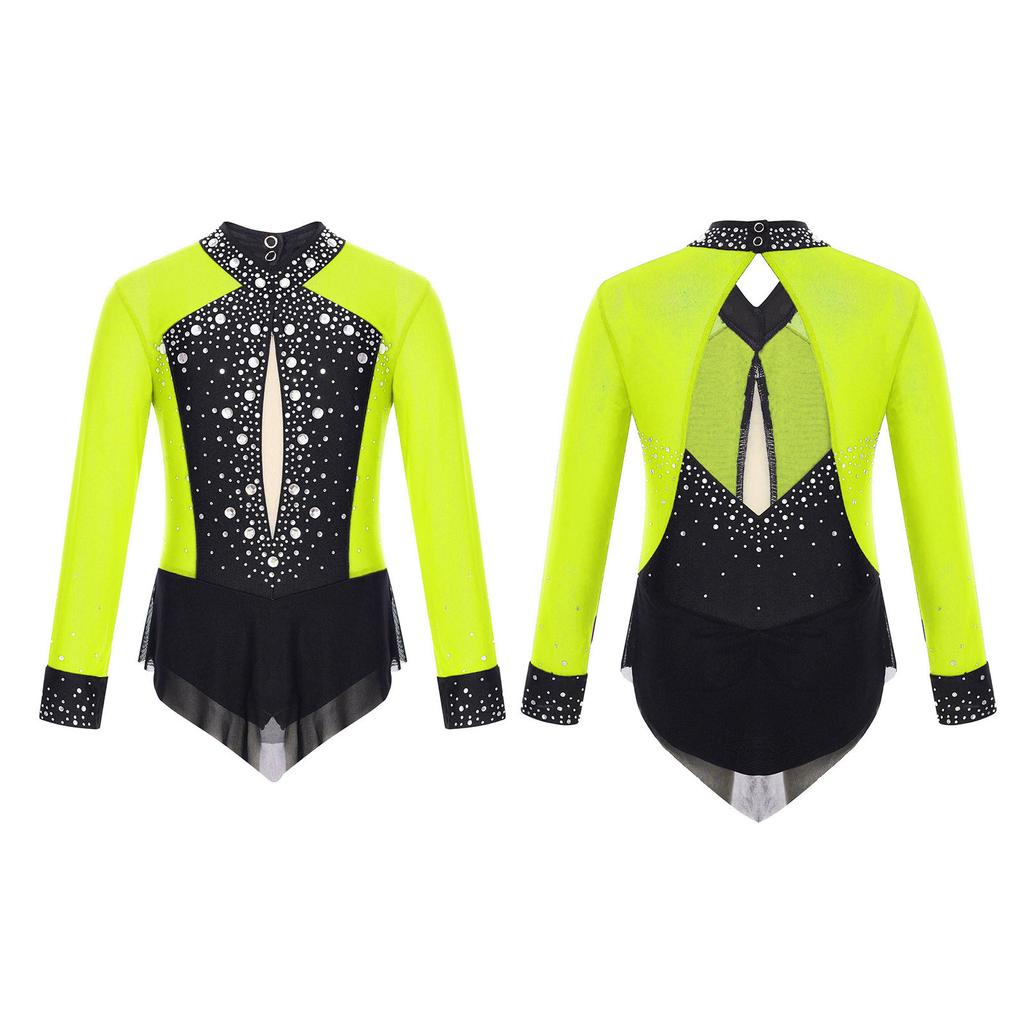 Kids Girls Ballet Dance Leotard Dress Figure Skating Rhythmic Gymnastics Bodysuit Shiny Rhinestones Mesh Skirted Jumpsuit