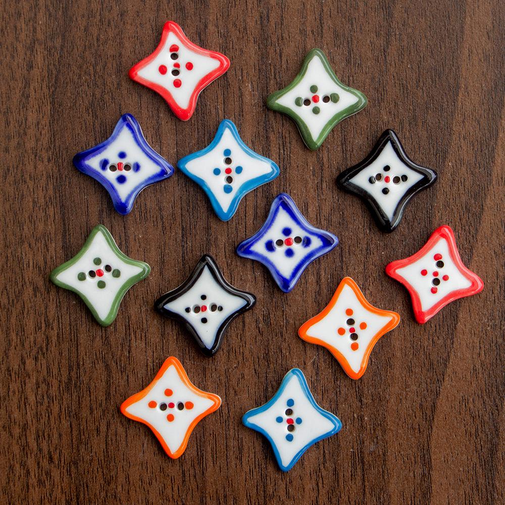 Hand-Painted Four-Pointed Star Ceramic Button - Handmade Ornament for Clothing Accessories