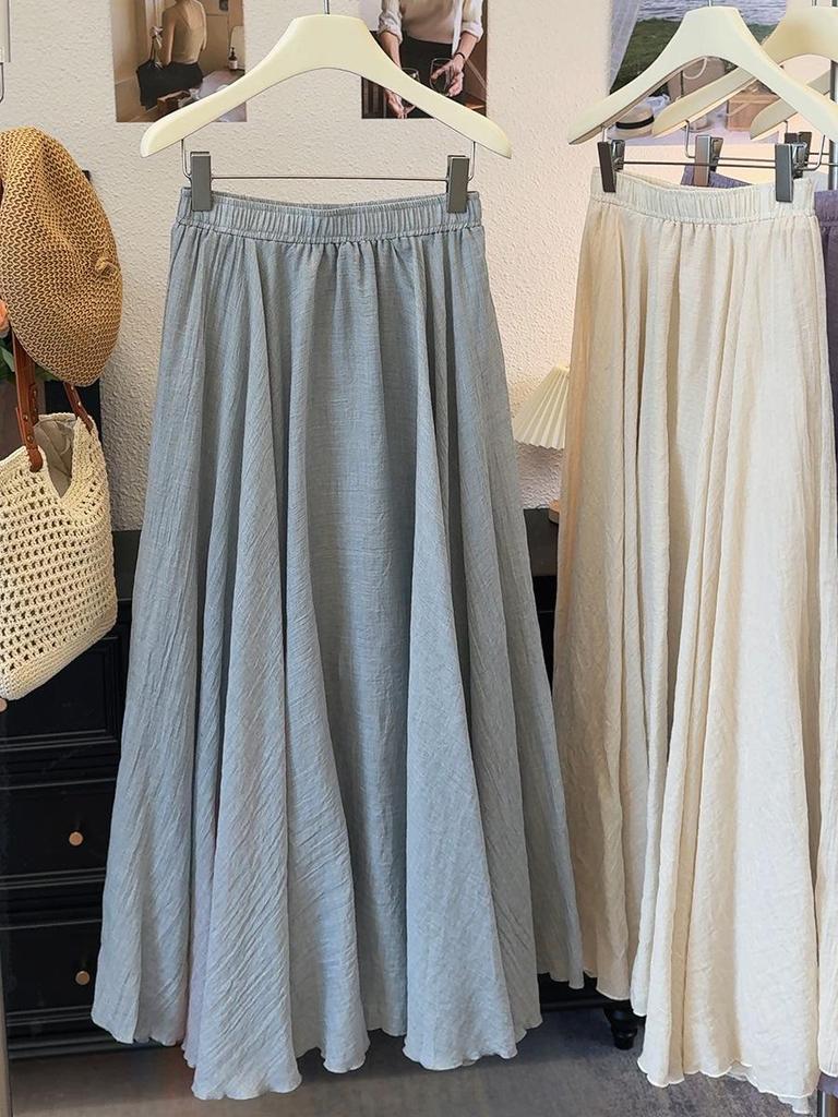Spring New Gentle Style Ice Silk Cotton Linen A-line Pleated Long Skirt - Women’s High Waist Slimming Drape with Large Hem.