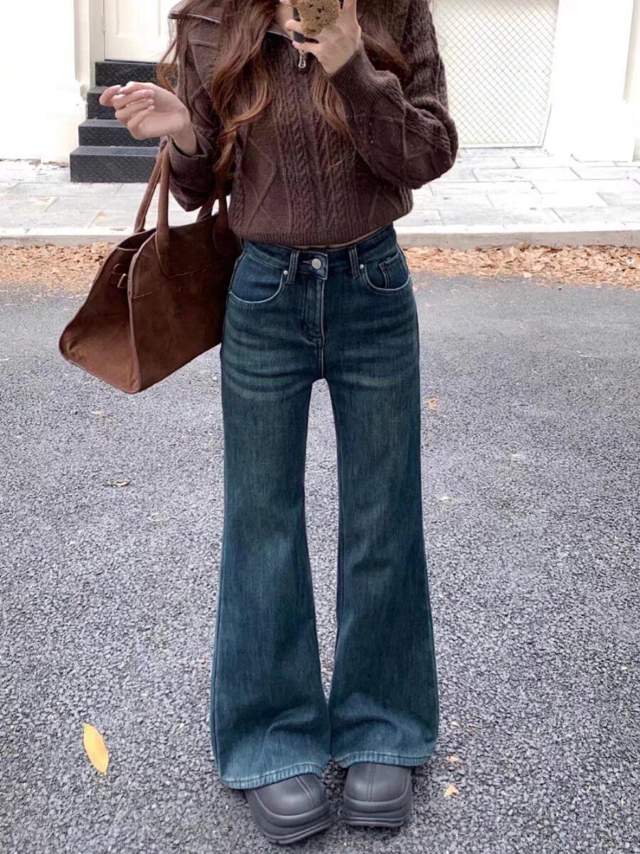 Popular Fleece-Lined Retro High-Waisted Micro-Flare Jeans: Stylish Wide-Leg, Horseshoe Design, and Flare Pants. 4XL