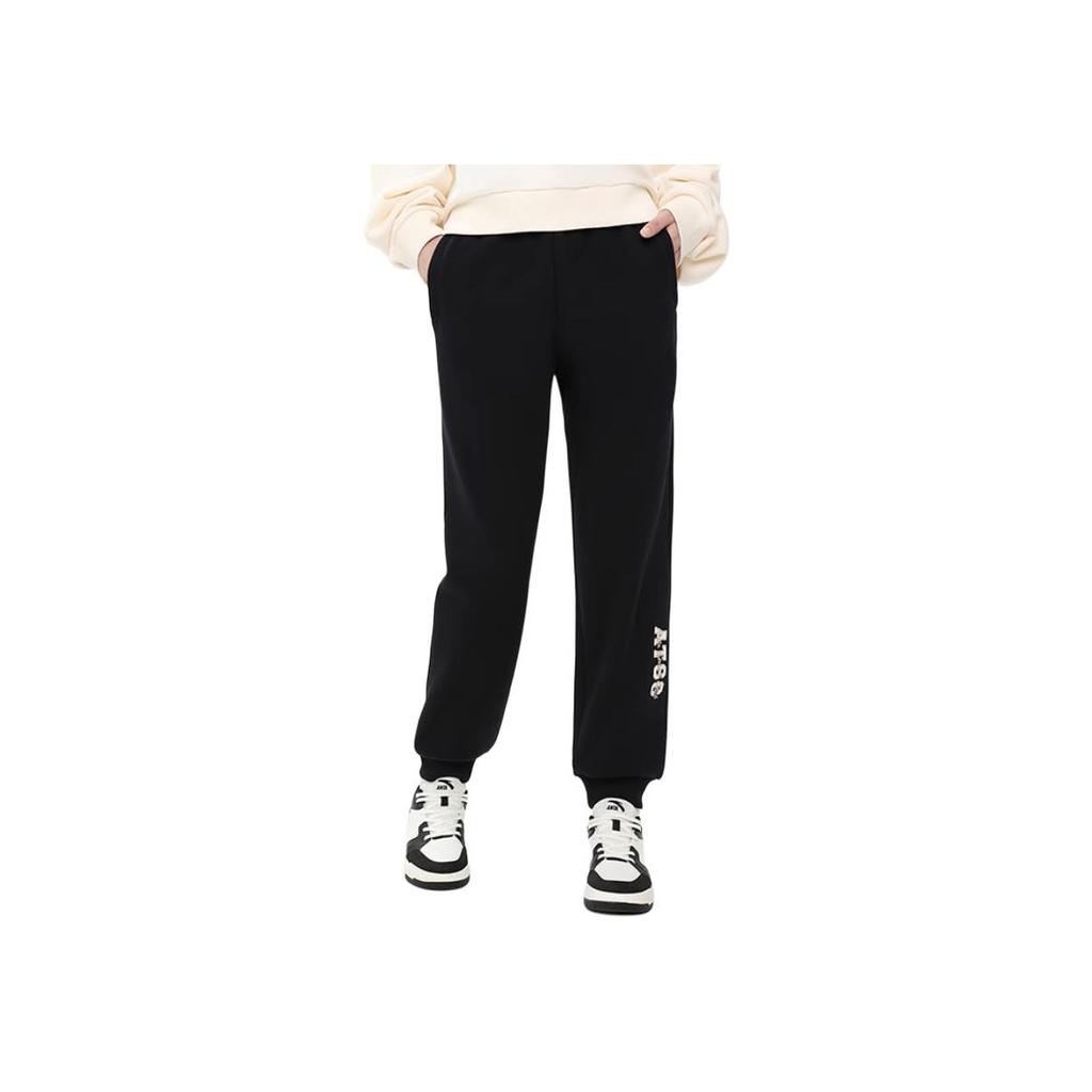 Anta Lifestyle Series Solid Color Mid Waist Cuffed Fleece Warm Knitted Sports Pants Women bottoms Black 162348302-1