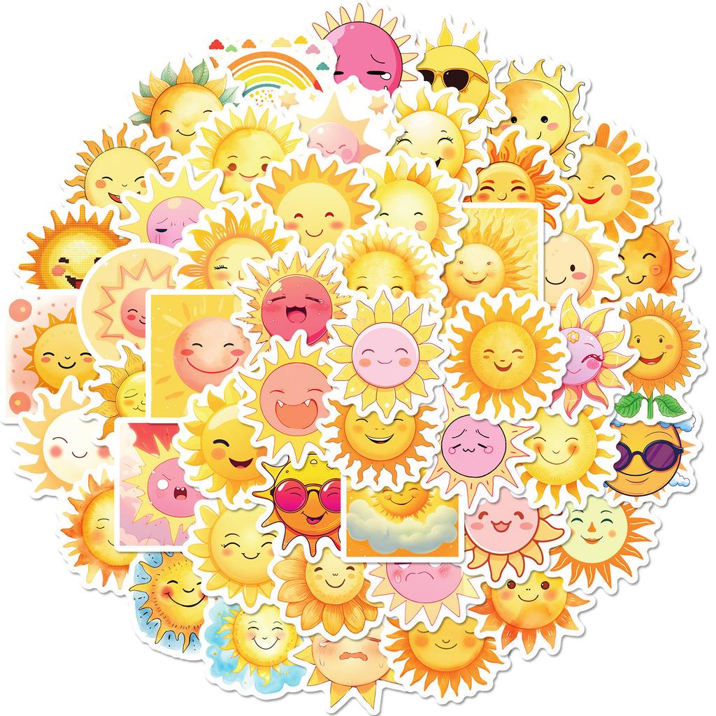 50 Cartoon Sun Stickers Doodle Sun Emoticon Pack Cute Smiling Face Personalized Children's Stickers