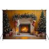 Mocsicka Christmas Photography Background Xmas Tree Fireplace Yellow Wall Decoration Family New Year Party Photo Backdrop Banner