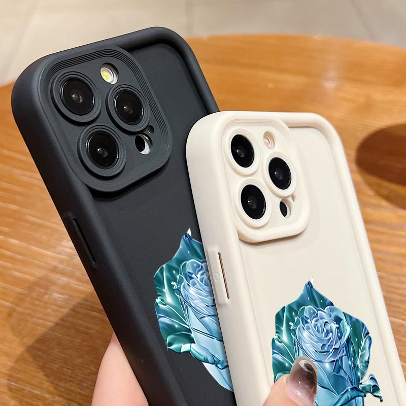 Husă Moale Mată cu Imprimeu Floare Roz Cristal Albastru Pentru iPhone 16 Pro Max 15 14 Pro 13 12 11 XS XR 8 7 Protecție Obiectiv Rezistentă la Șocuri Husă Telefon TPU