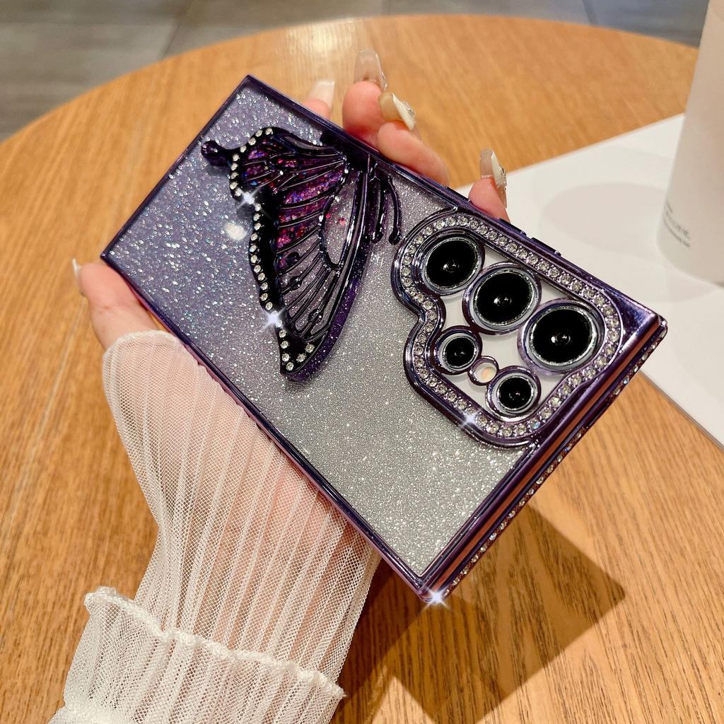 Suitable for Samsung S25ultra Mobile Phone Case Rhinestone Luxury Glitter S24 Butterfly Stand A55 Protective Case for Women A73