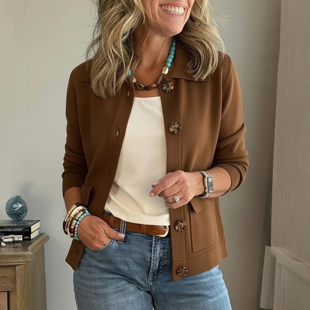 Women's Fashion Solid Color Collar Long Sleeve Button Pocket Jacket