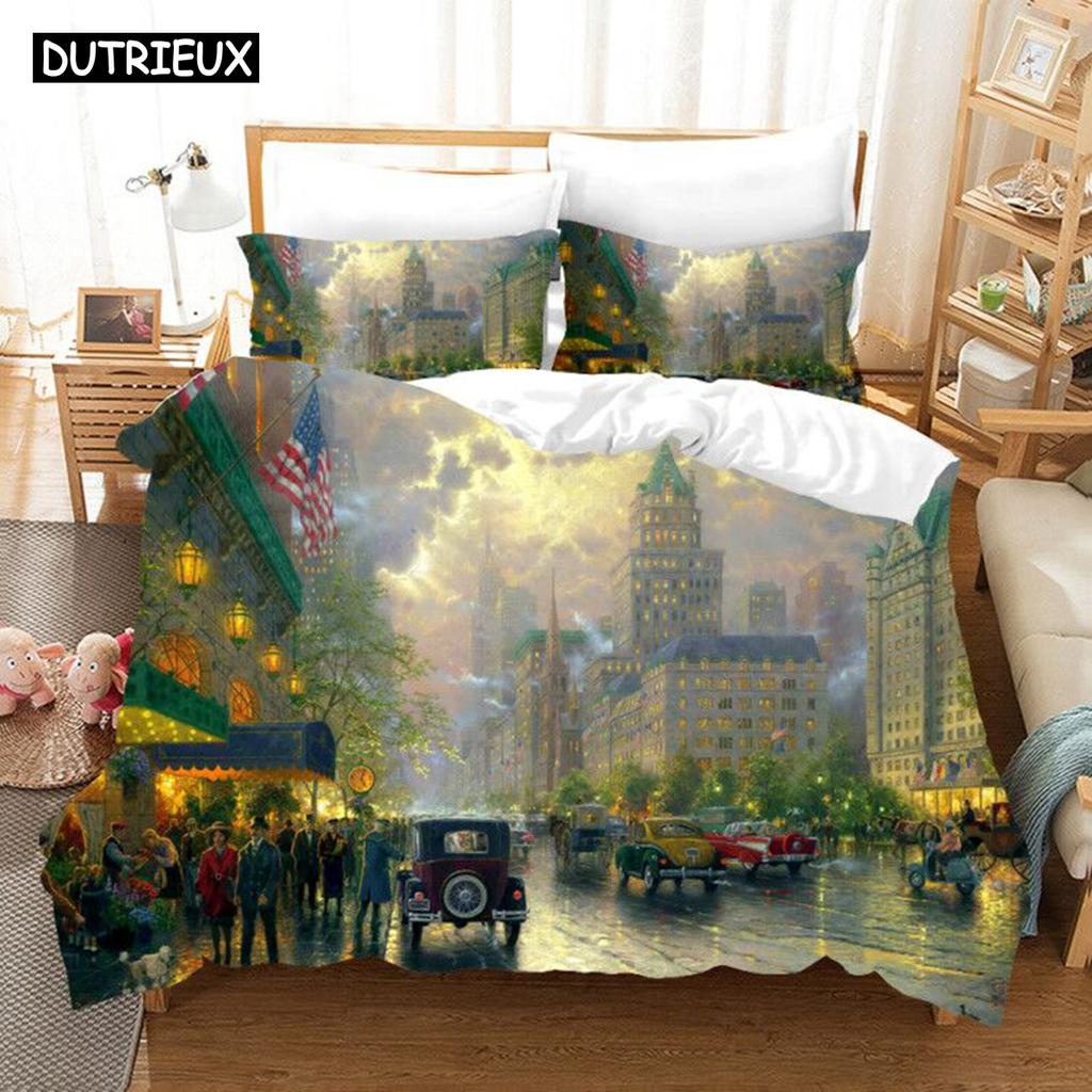 Fantasy Oil Painting Bedding Set House Bridge Scenery Duvet Cover Set Bedroom Bed Bedclothes Decor Luxury Gift Queen King Size
