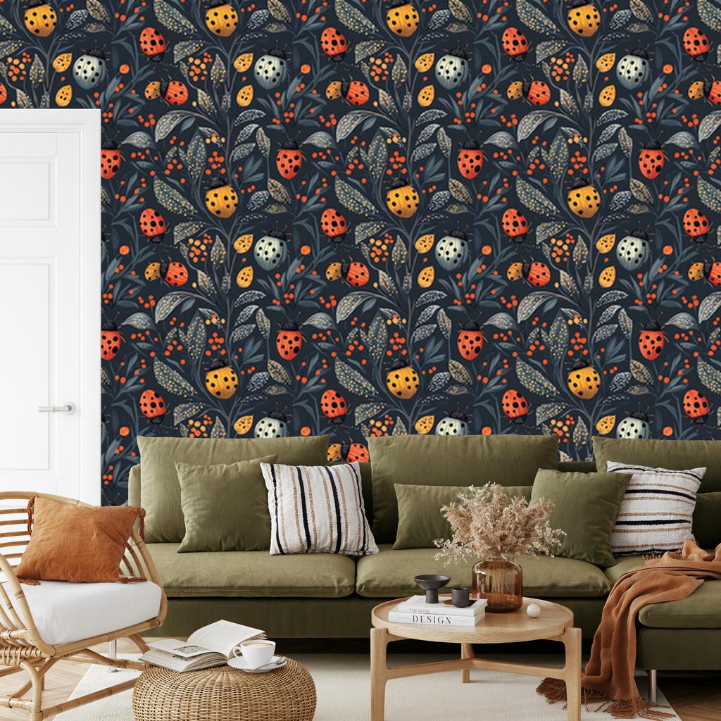 Ladybugs Wallpaper Navy Blue and Graphite for Living Room and Bedroom 50x1000