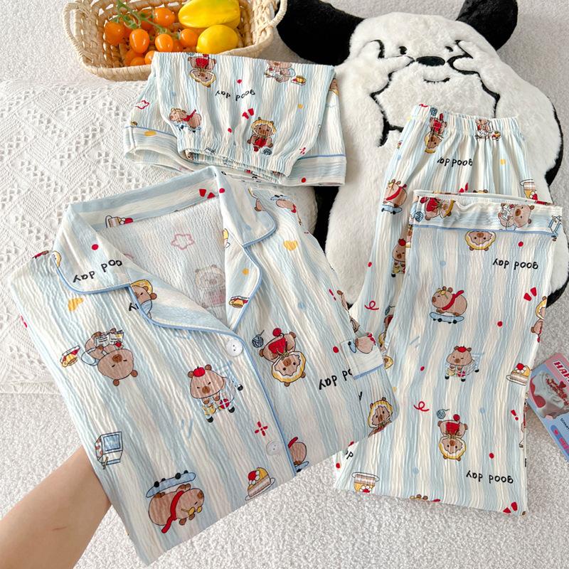 

Пижама женская из высококачественной капибары, маленькая, свежая, полосатая, из мятой ткани, с коротким рукавом, трехпредметная M