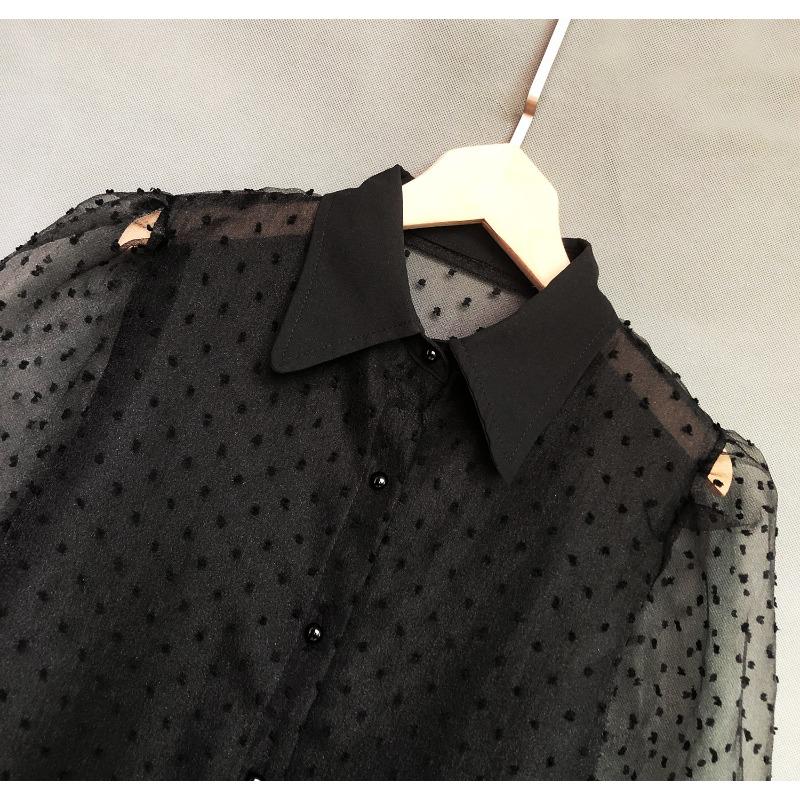 Spring and Summer Women's Sexy See-through Lantern Mid-sleeve Stand-up Neck Top