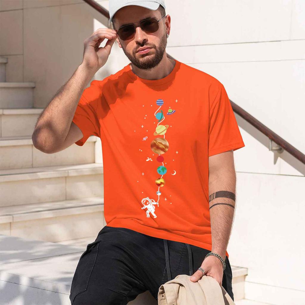 2026 New Model Unisexs 100 Pure Cotton Summer Loose Size Astronaut Planet Pattern Print Casual Comfortable Round Neck Short Sleev