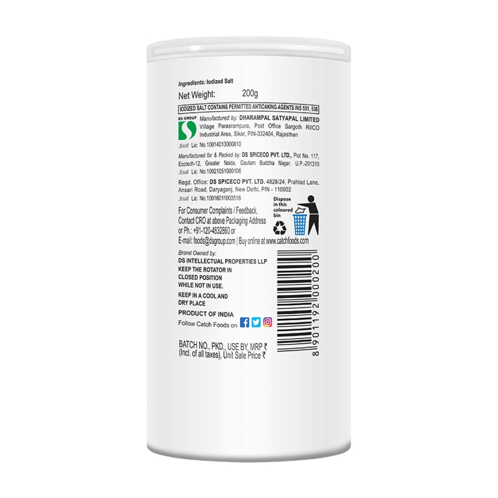 Catch Iodized Table Salt Sprinkler 200g Pack of 1 Free-Flow Condiment Dispenser for Cooking and Dining