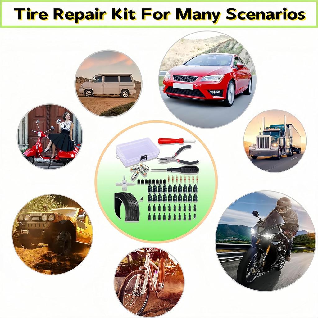 Tire Plug Kit 64 Pcs Tire Repair Rubber Nails Kit With 2 Sizes,Tire Caps With Pressure Gauge,Flat Tire Repair Kit For Car,Motorcycle,Truck,ATV,Tire
