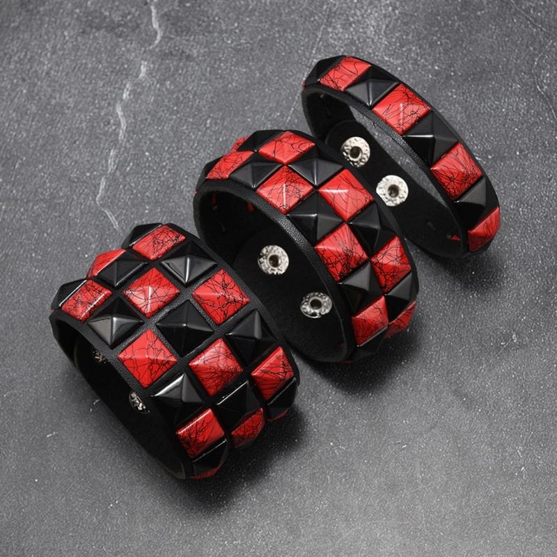 3Pcs Punk Bracelets for Night Activities Square Stud Leather Wrist Chain Comfortable Design Lightweight Wear Bangle