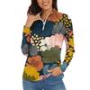 Women's Casual Fashion Retro Floral Print Long Sleeve Zipper Neck Top T-shirt