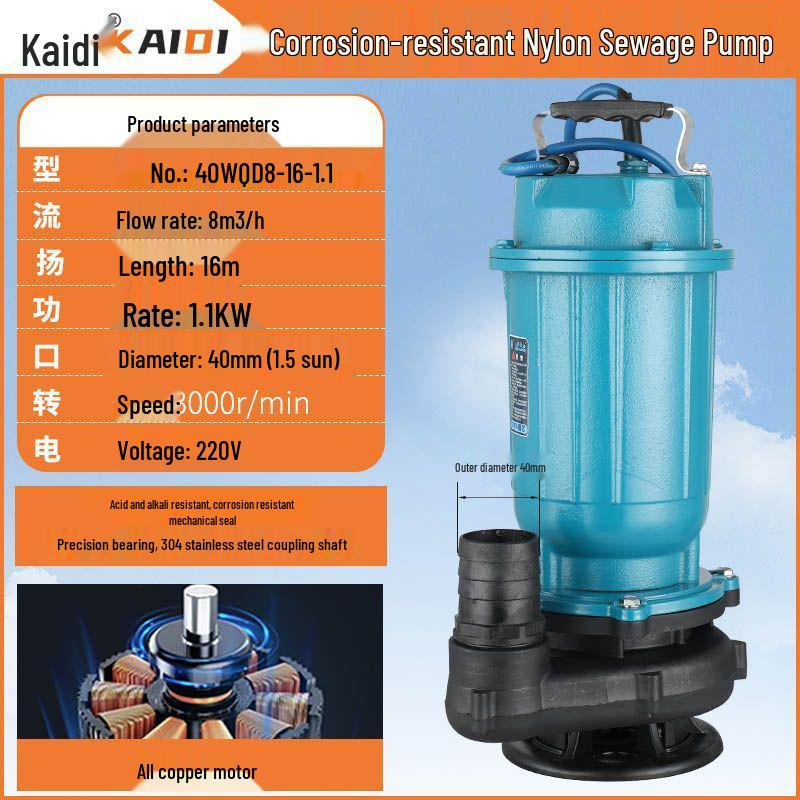 220V High Head Acid & Alkali Resistant Submersible Sewage Pump for Corrosive Environments