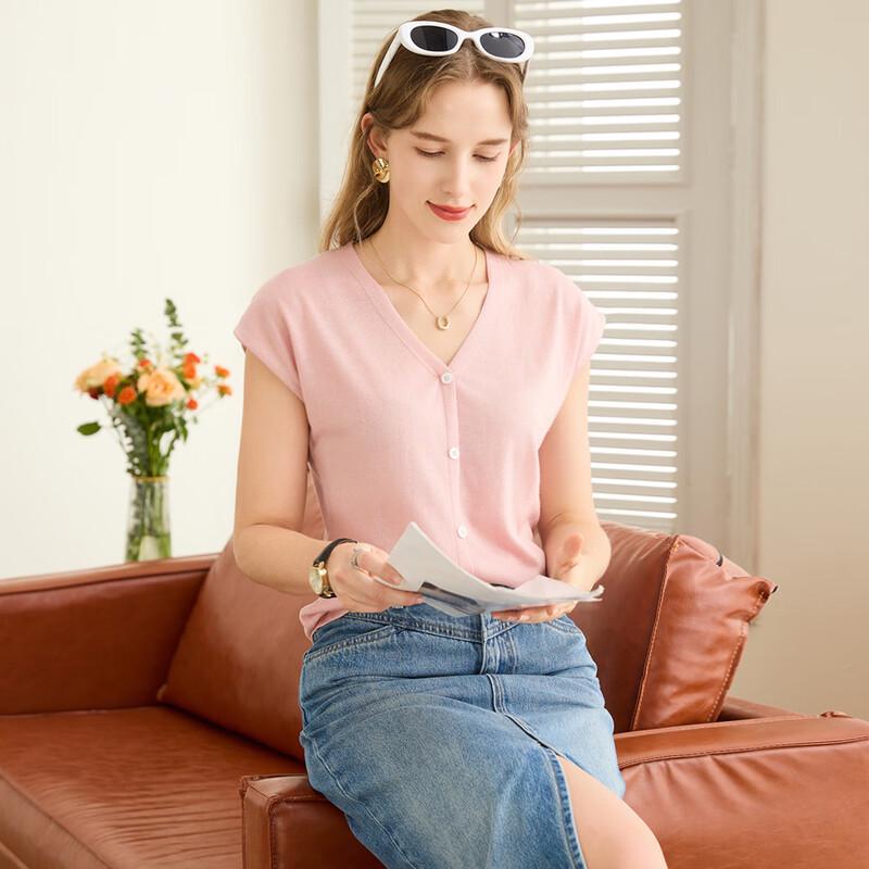 Tuhuang Women's Faux V-Neck Short Sleeve Wool Blend Knit Top